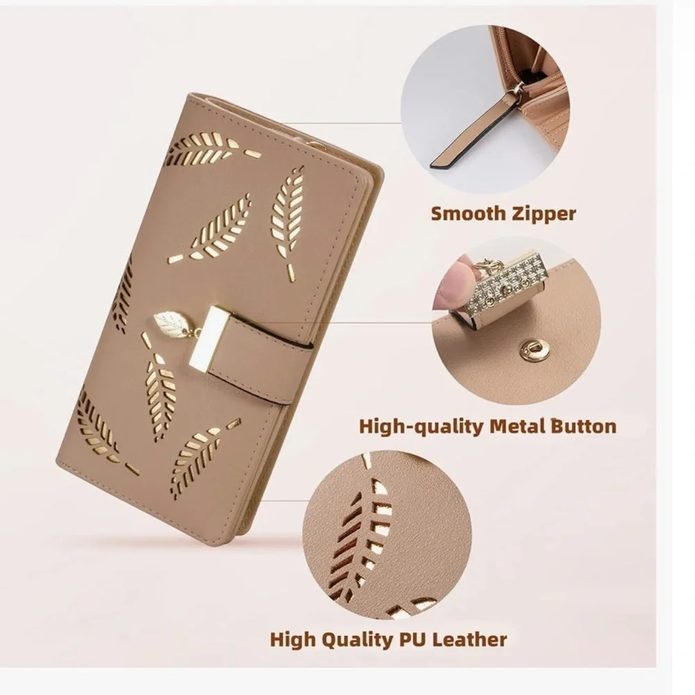 Women's Long Leaf Bifold Wallet Leather Card Holder Purse Elegant Clutch (new)